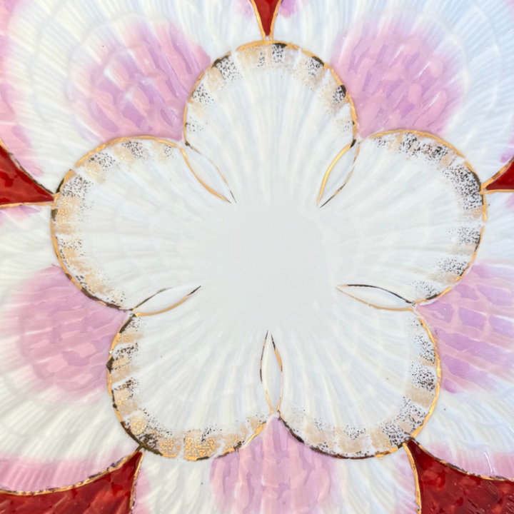 Antique Victorian Shell-Form Porcelain Cabinet Plate in Pink, Crimson & Gilded Details