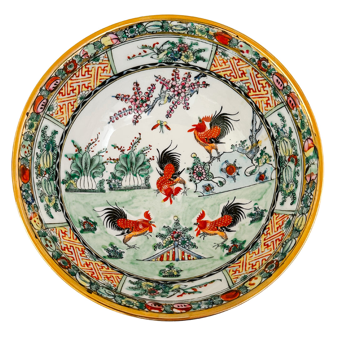 Antique Cantonese Famille Rose Bowl With Rooster Motif