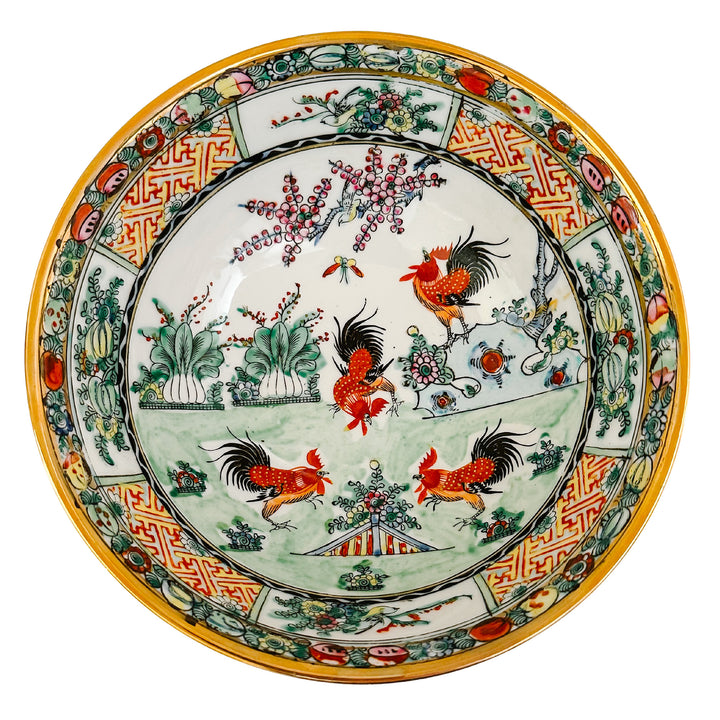 Antique Cantonese Famille Rose Bowl With Rooster Motif