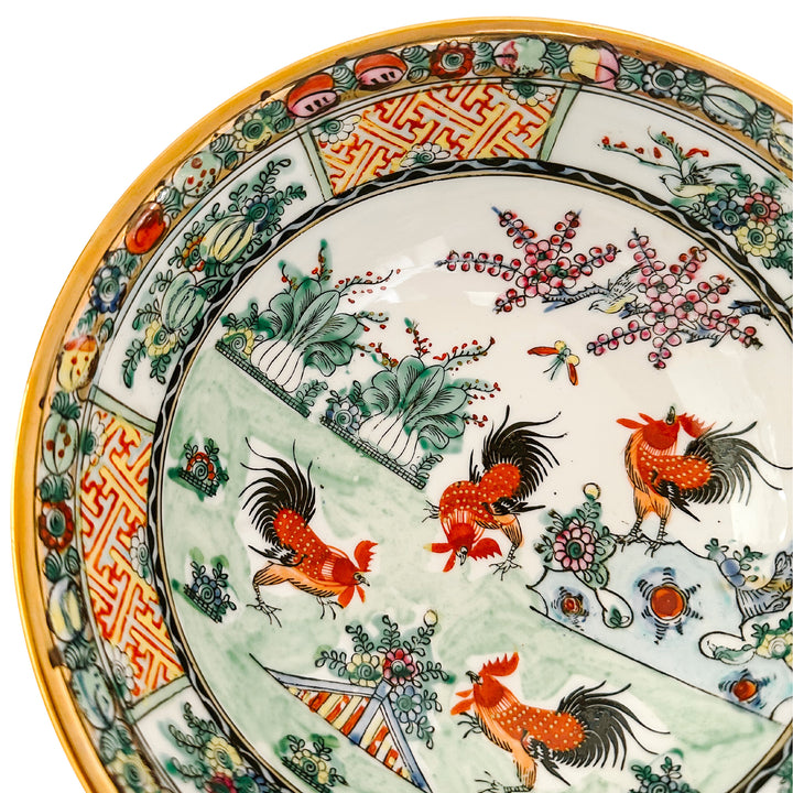 Antique Cantonese Famille Rose Bowl With Rooster Motif