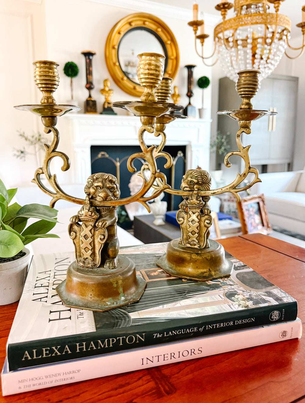 Antique Dutch Heraldic Brass Lion and Shield Two-Arm Candelabras