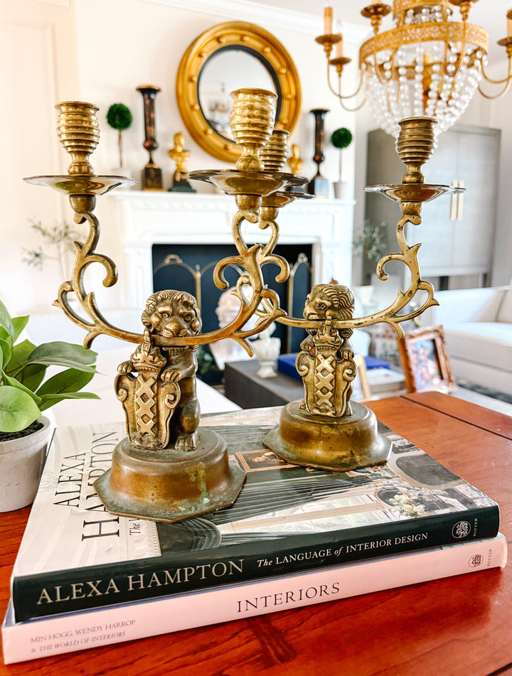 Antique Dutch Heraldic Brass Lion and Shield Two-Arm Candelabras
