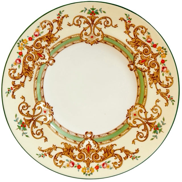 Antique English Cauldon Bone China Salad Plates With Raised Enamel & Gold Scrollwork, Set of 12