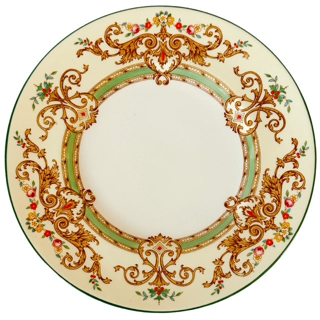 Antique English Cauldon Bone China Salad Plates With Raised Enamel & Gold Scrollwork, Set of 12