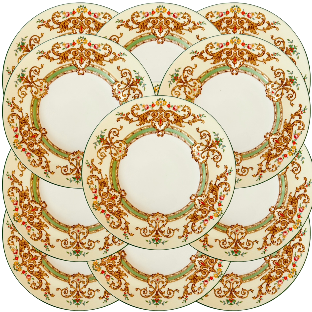 Antique English Cauldon Bone China Salad Plates With Raised Enamel & Gold Scrollwork, Set of 12