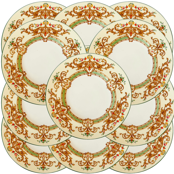Antique English Cauldon Bone China Salad Plates With Raised Enamel & Gold Scrollwork, Set of 12