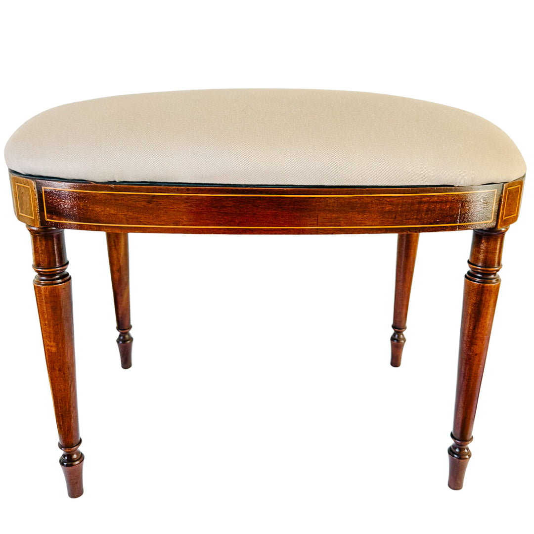 Antique English Edwardian Inlaid Mahogany Oval Bench Stool – Sheraton Revival Vanity Seat