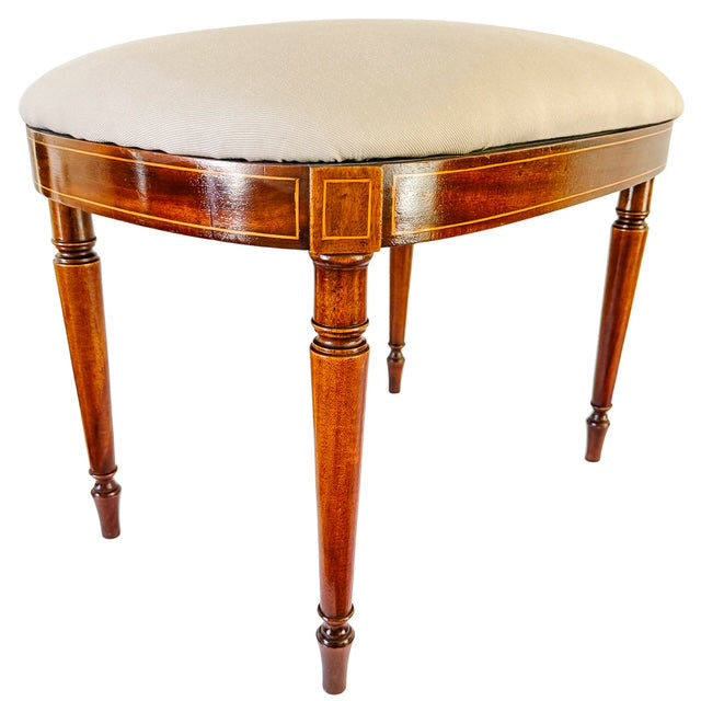 Antique English Edwardian Inlaid Mahogany Oval Bench Stool – Sheraton Revival Vanity Seat