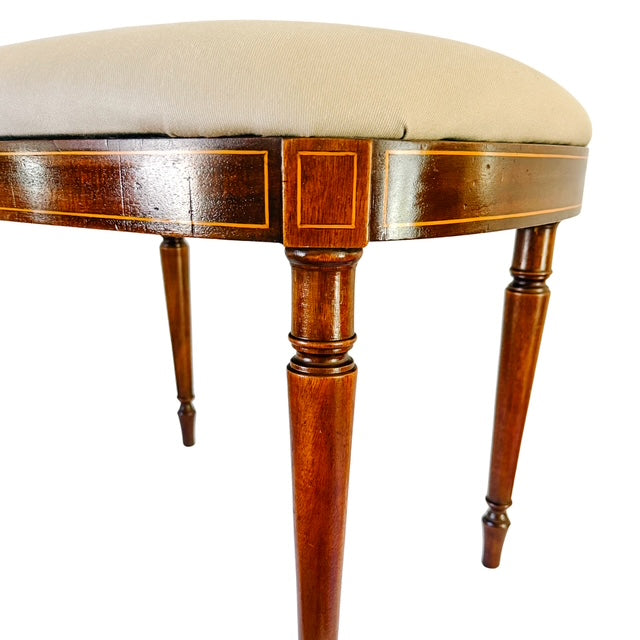 Antique English Edwardian Inlaid Mahogany Oval Bench Stool – Sheraton Revival Vanity Seat