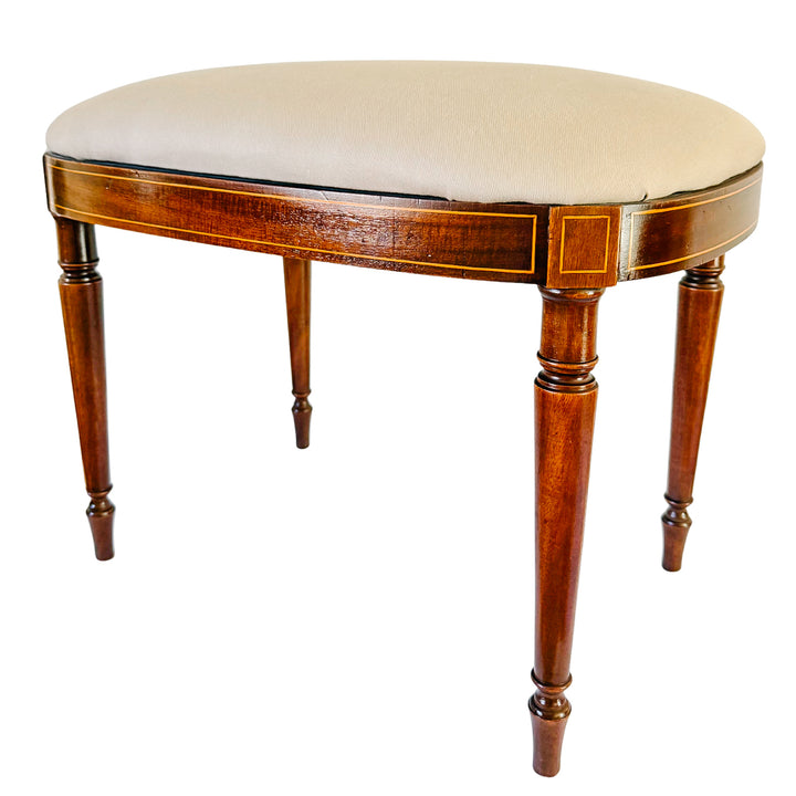 Antique English Edwardian Inlaid Mahogany Oval Bench Stool – Sheraton Revival Vanity Seat