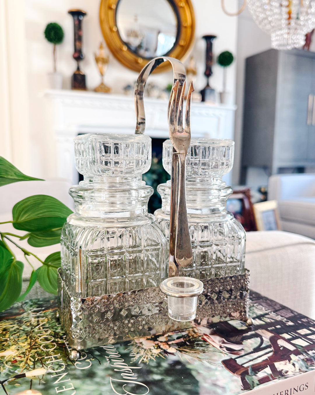 Antique English Silver Plated & Cut Glass Pickle Jars Pair in Original Caddy With Fork