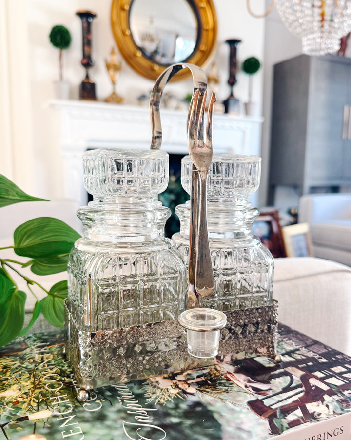 Antique English Silver Plated & Cut Glass Pickle Jars Pair in Original Caddy With Fork