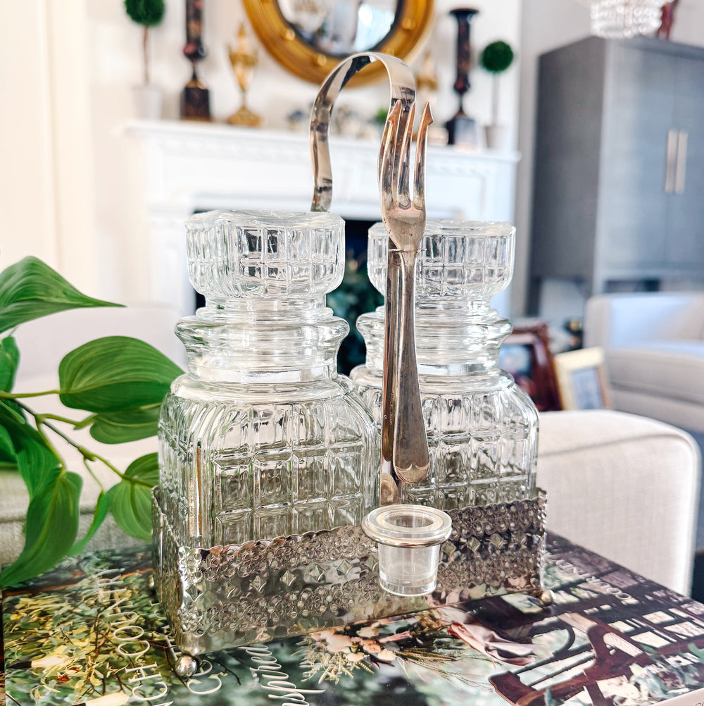 Antique English Silver Plated & Cut Glass Pickle Jars Pair in Original Caddy With Fork