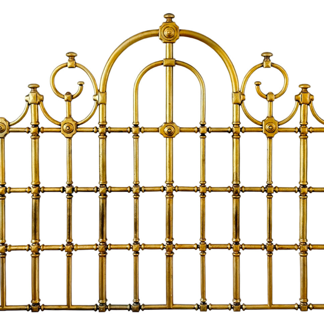Antique_English_Victorian_Solid_Brass_Full_Size_Headboard_Tall_Post_100_Brass_Arched_Scrollwork_9