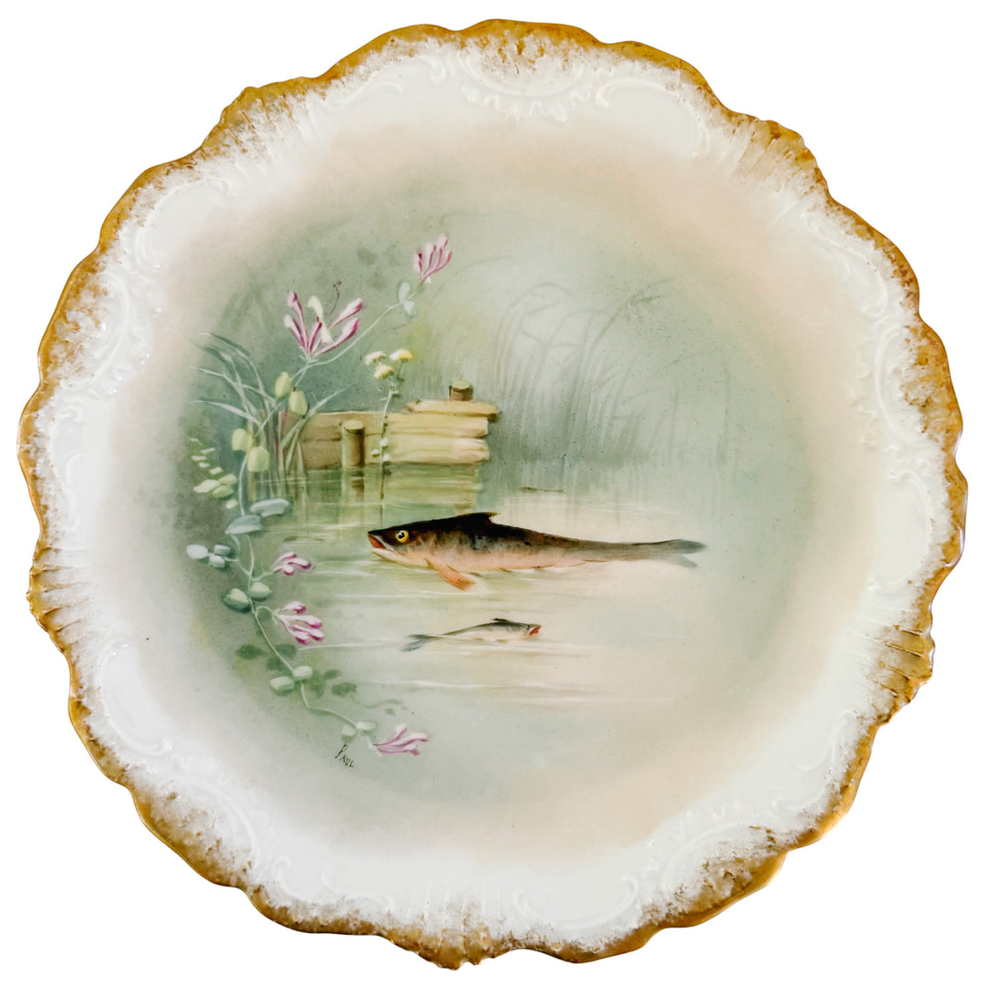 Antique French Limoges Hand-Painted Fish Plates by Coiffe et Cie