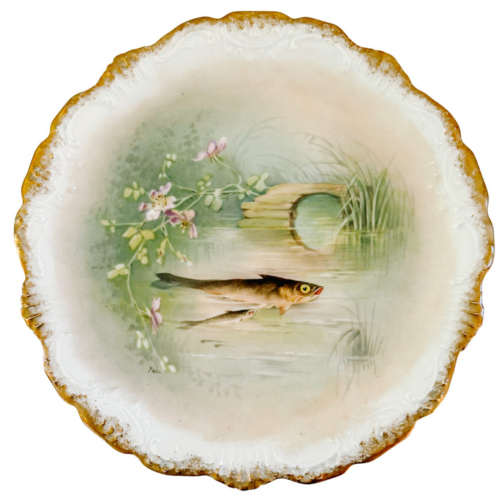 Antique French Limoges Hand-Painted Fish Plates by Coiffe et Cie