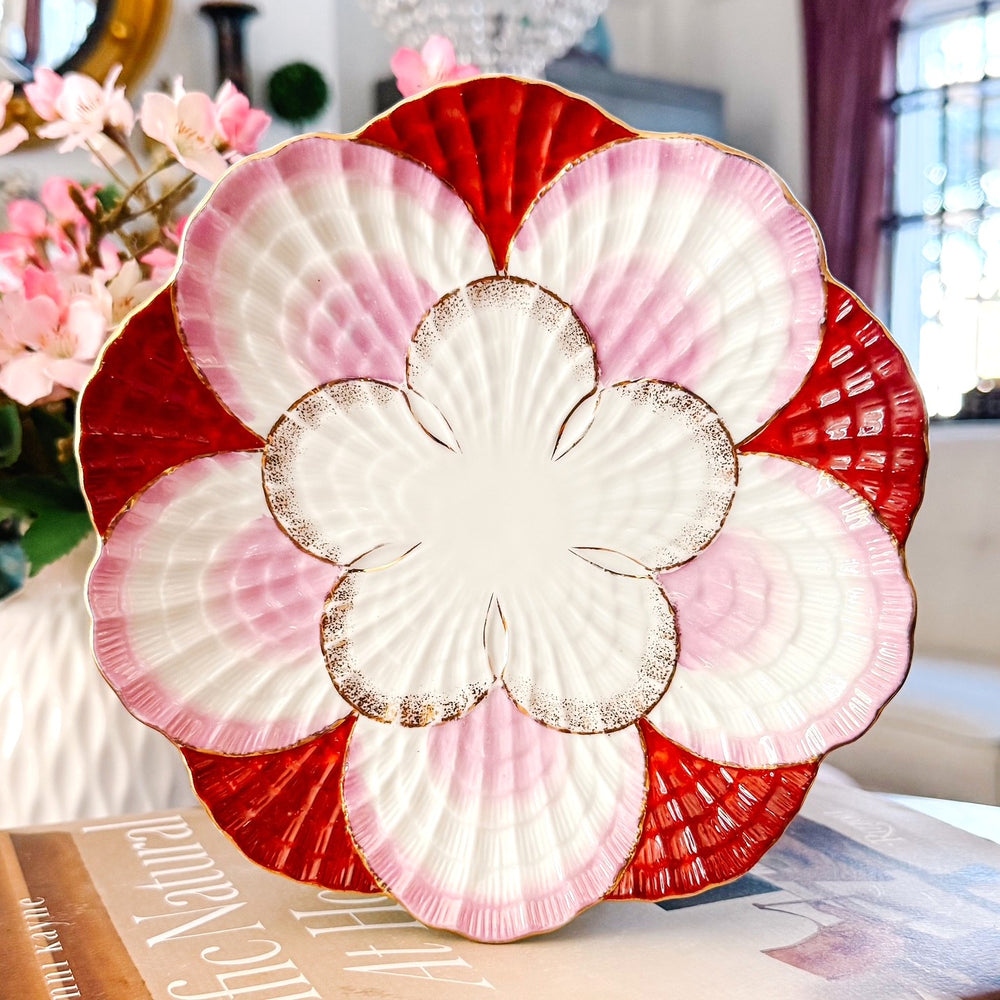 Antique Victorian Shell-Form Porcelain Cabinet Plate in Pink, Crimson & Gilded Details (2)