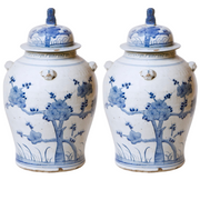 20" Chinoiserie Blue & White Cherry Blossom Temple Jar