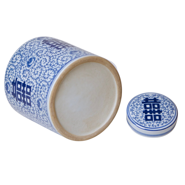 12" Blue & White Double Happiness Round Tea Caddy