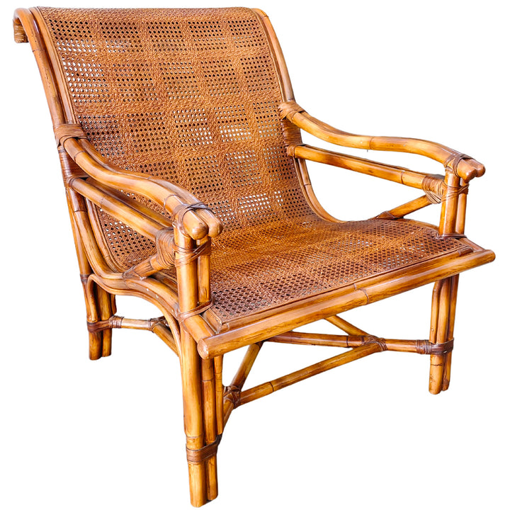 Baker Furniture Burned Bamboo & Cane Plantation Style Lounge Chair and Footstool