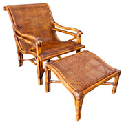 Baker Furniture Burned Bamboo & Cane Plantation Style Lounge Chair and Footstool