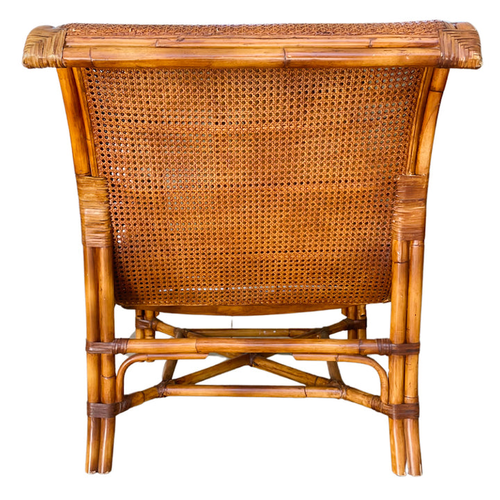 Baker Furniture Burned Bamboo & Cane Plantation Style Lounge Chair and Footstool