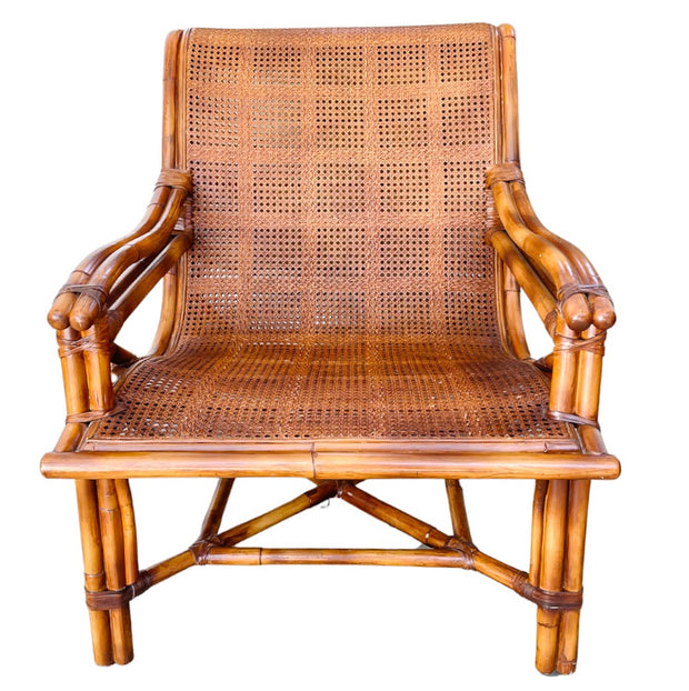 Baker Furniture Burned Bamboo & Cane Plantation Style Lounge Chair and Footstool