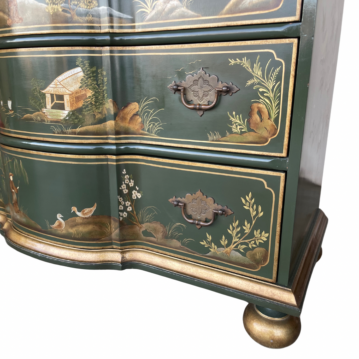 Baker Furniture Green Lacquer Hand Painted Chinoiserie Chest of Drawers