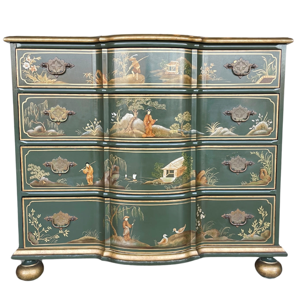 Baker Furniture Green Lacquer Hand Painted Chinoiserie Chest of Drawers