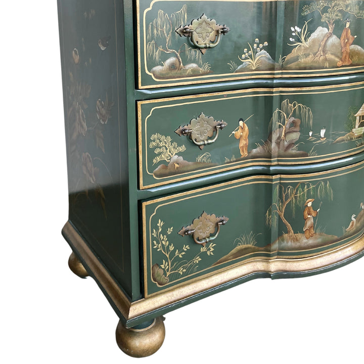 Baker Furniture Green Lacquer Hand Painted Chinoiserie Chest of Drawers