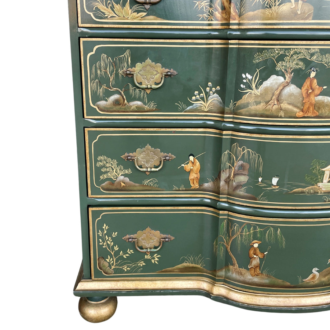 Baker Furniture Green Lacquer Hand Painted Chinoiserie Chest of Drawers