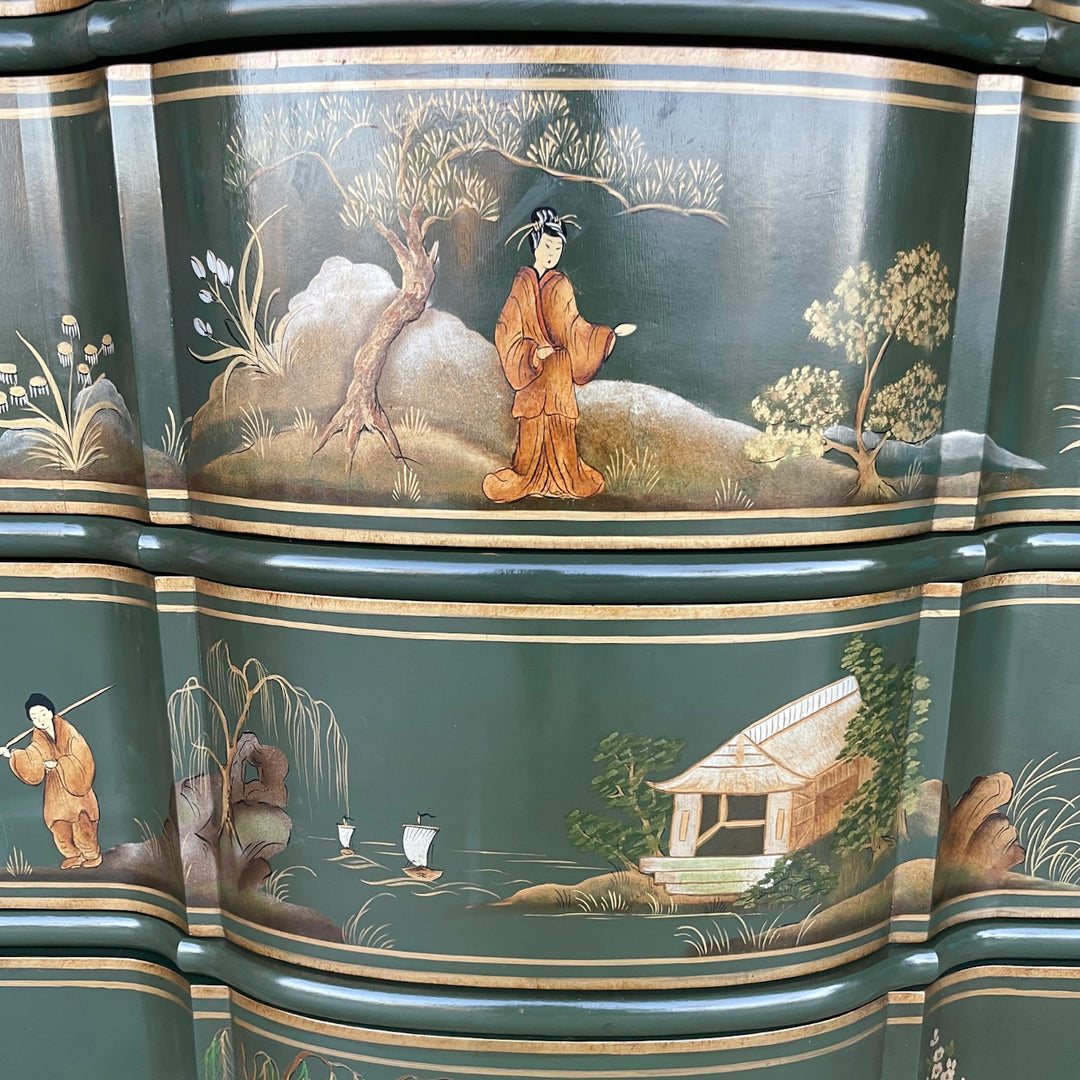 Baker Furniture Green Lacquer Hand Painted Chinoiserie Chest of Drawers