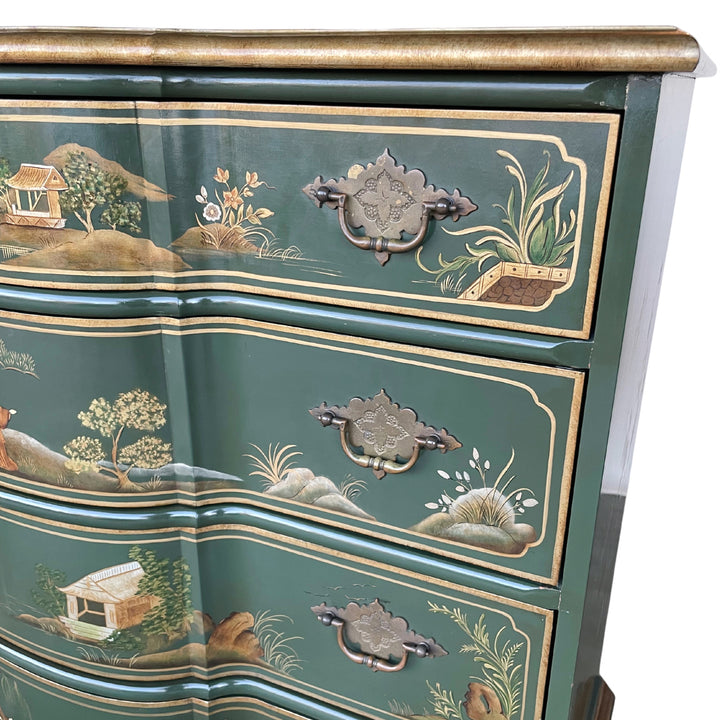 Baker Furniture Green Lacquer Hand Painted Chinoiserie Chest of Drawers