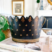 Black & Gold French Country Tole Cachepot With Handles