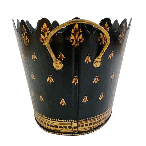 Black & Gold French Country Tole Cachepot With Handles