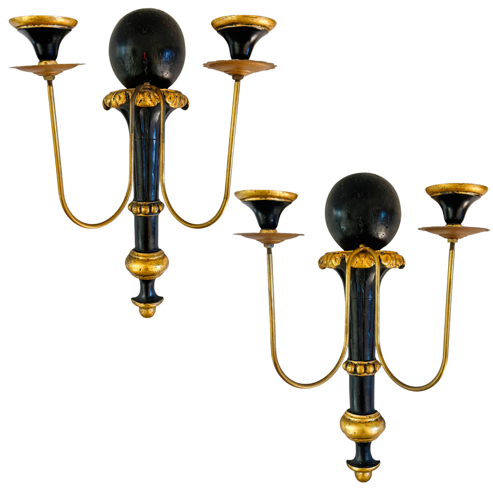 Black & Gold Regency Two Arm Candle Holder Wall Sconces
