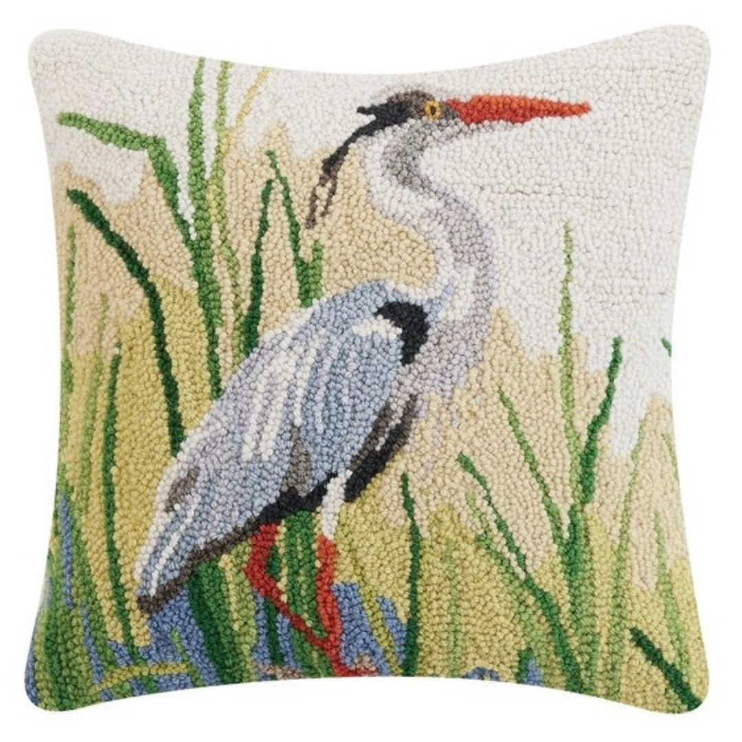 16 Blue Heron Square Wool Hooked Pillow House of Andaloo