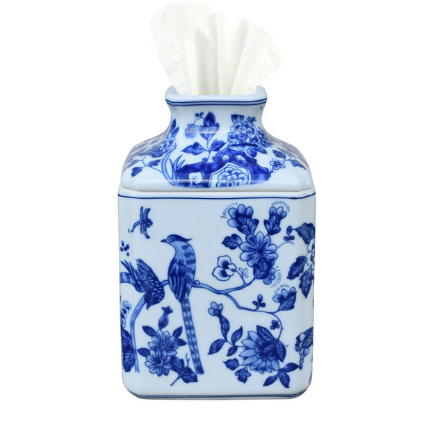 Blue & White Bird Chinoiserie Ceramic Tissue Box Cover