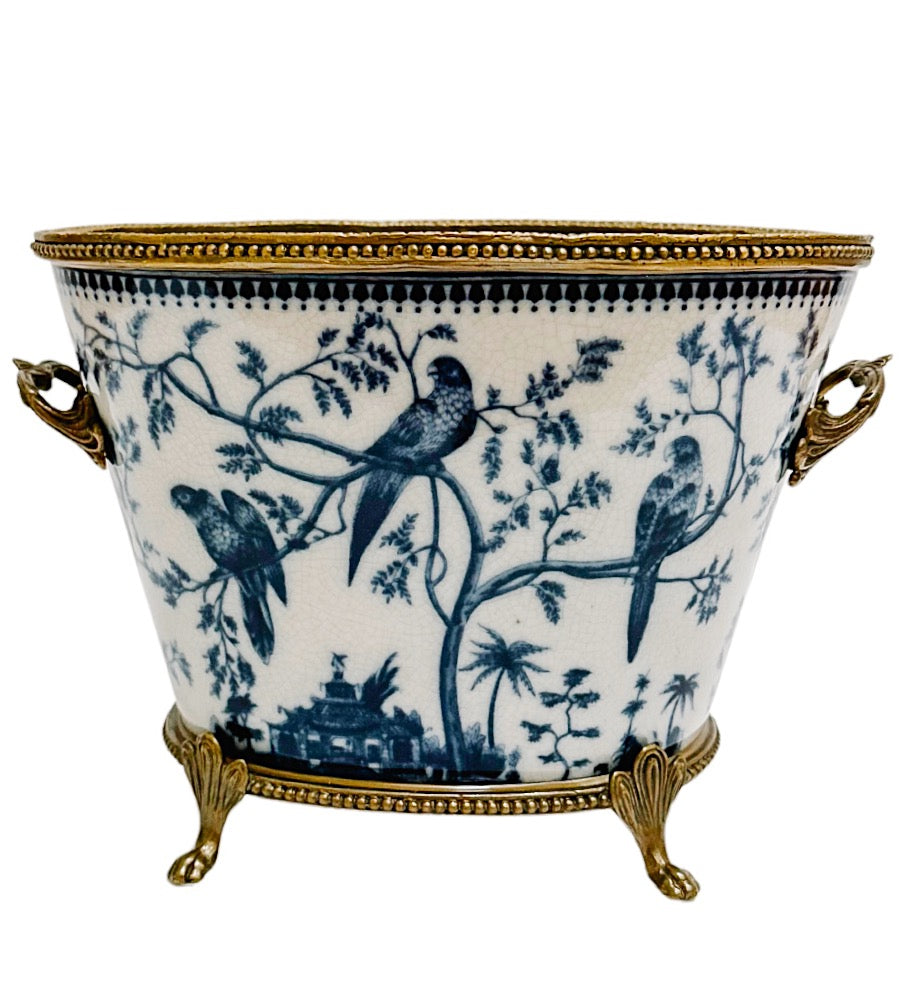 Blue & White Chinoiserie Bird Porcelain Planter With Bronze Ormolu