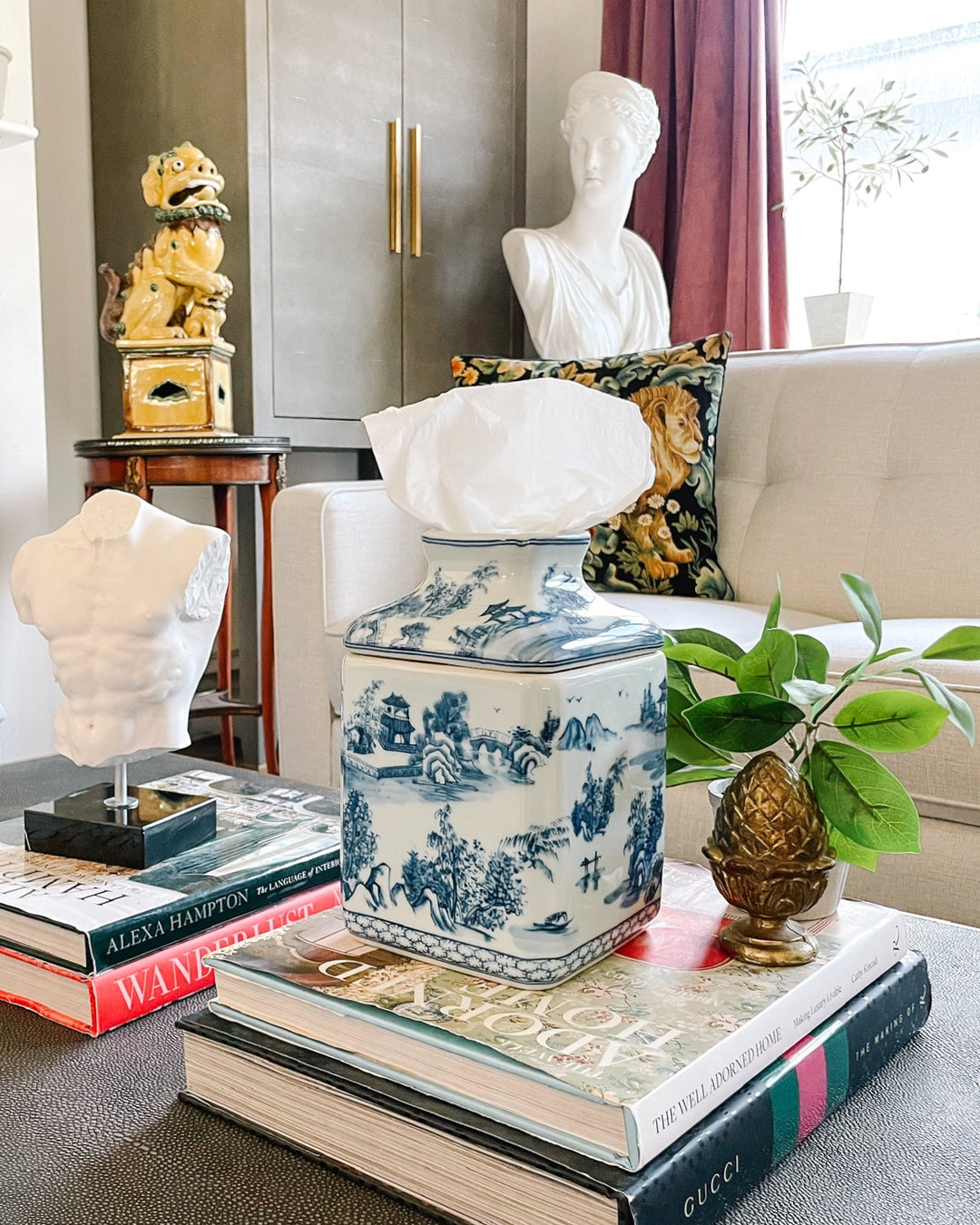 Blue & White Chinoiserie Ceramic Tissue Box Cover