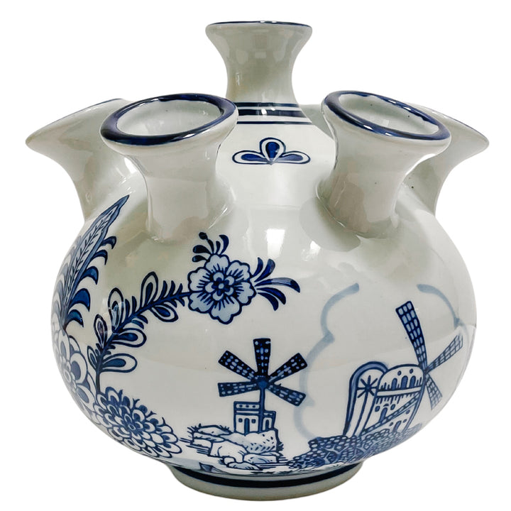 Blue & White Delft Style Windmill Tulipiere Vase