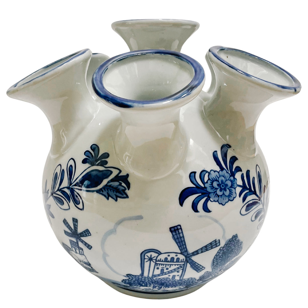 Blue & White Delft Style Windmill Tulipiere Vase