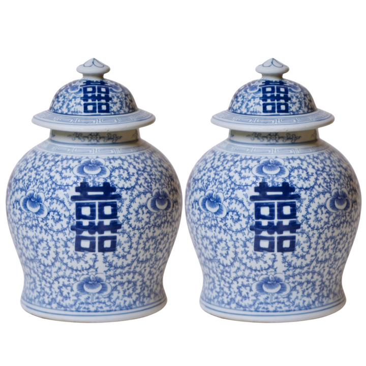 13 " Blue & White Double Happiness Temple Jar