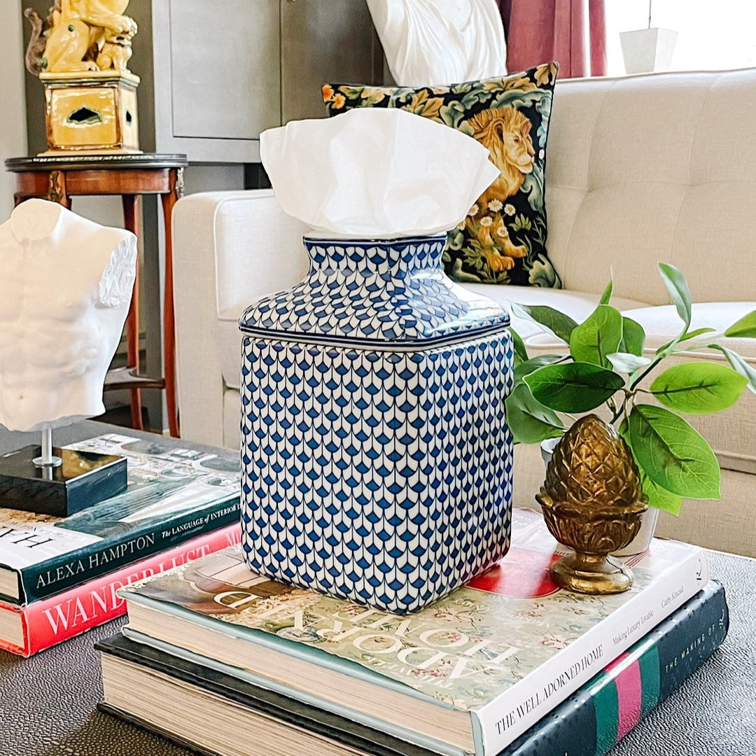 Blue & White Fishnet Ceramic Tissue Box Cover