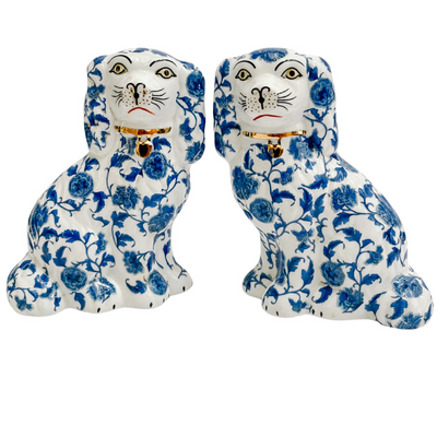 Blue & White Floral Staffordshire Style Spaniel Dogs