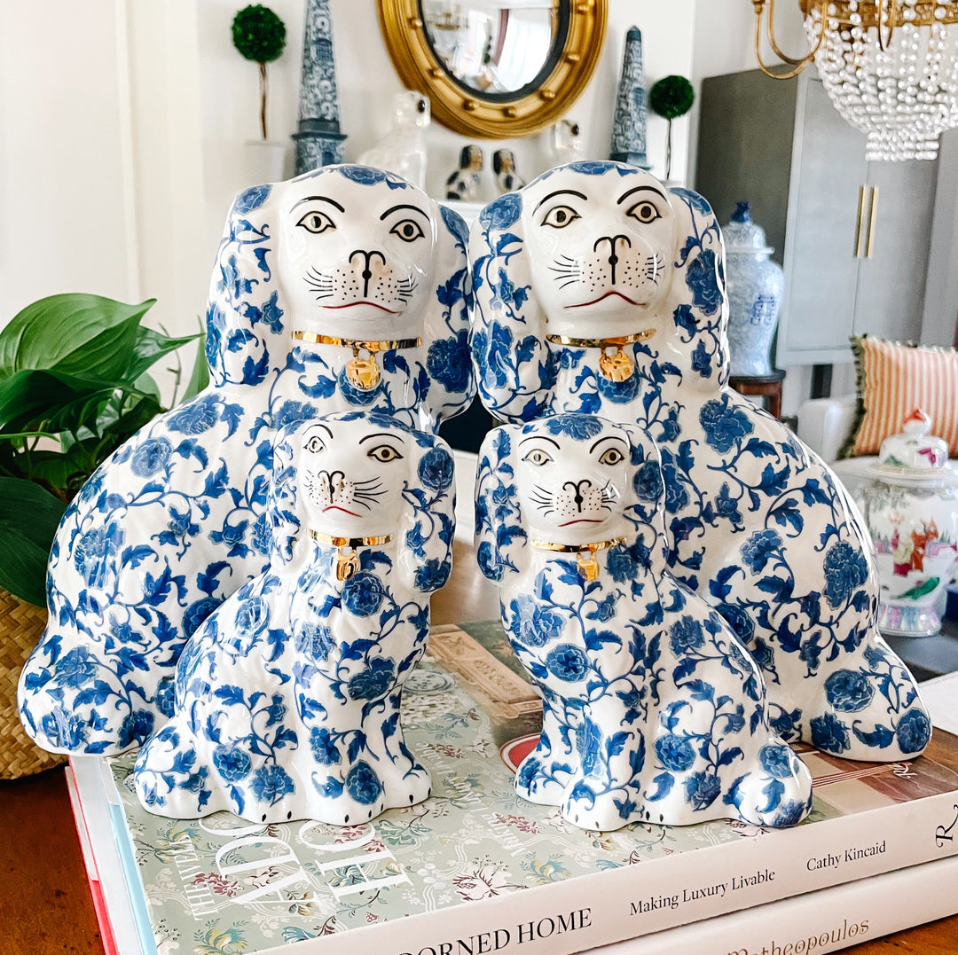 Blue & White Floral Staffordshire Style Spaniel Dogs