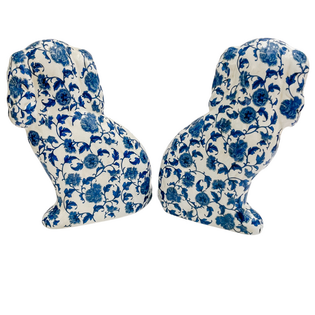 Blue & White Floral Staffordshire Style Spaniel Dogs