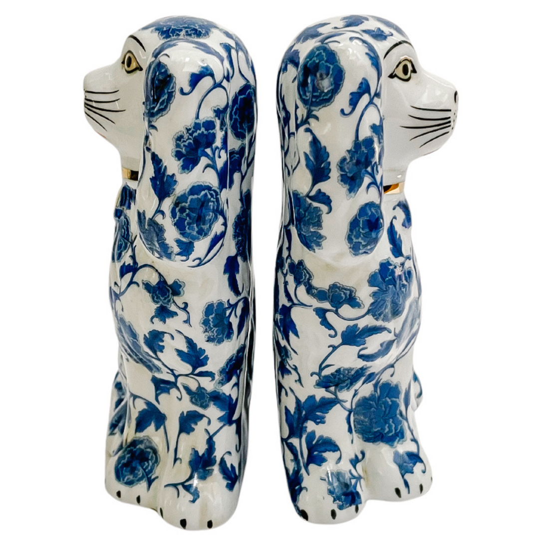 Blue & White Floral Staffordshire Style Spaniel Dogs