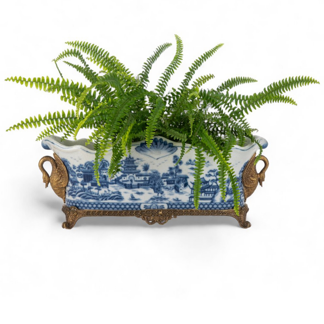 Blue & White Oblong Planter With Swan Bronze Ormolu (4)