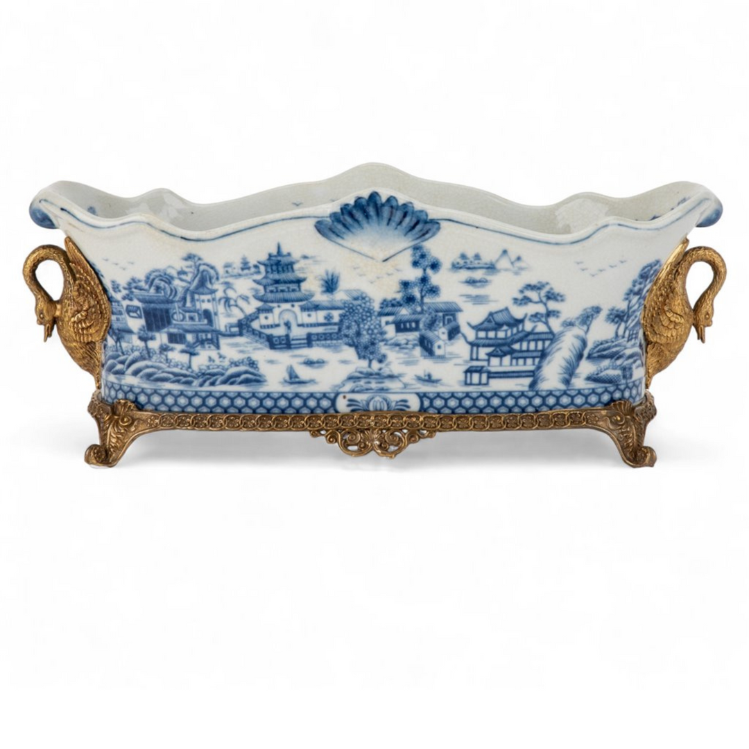 Blue & White Oblong Planter With Swan Bronze Ormolu (4)